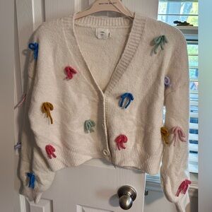 Women's White Cardigan with Multicolor Bow Accents